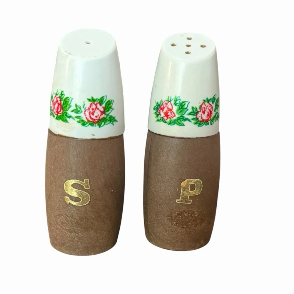 VTG Wood And Porcelain Salt Pepper Shaker Set With Floral Design MCM & Cottage